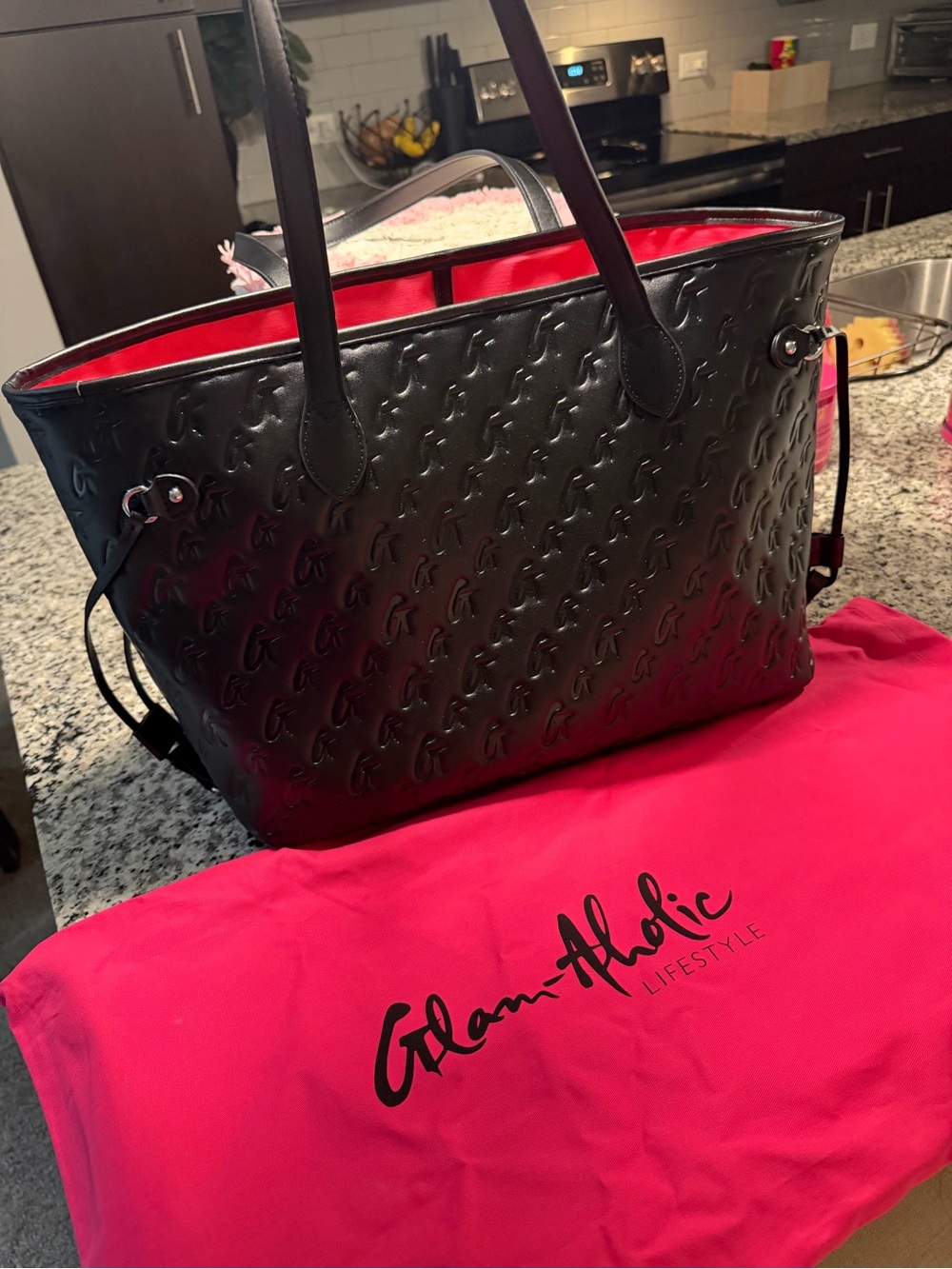 Glam-Aholic Black Tote with Hot Pink Interior Lining